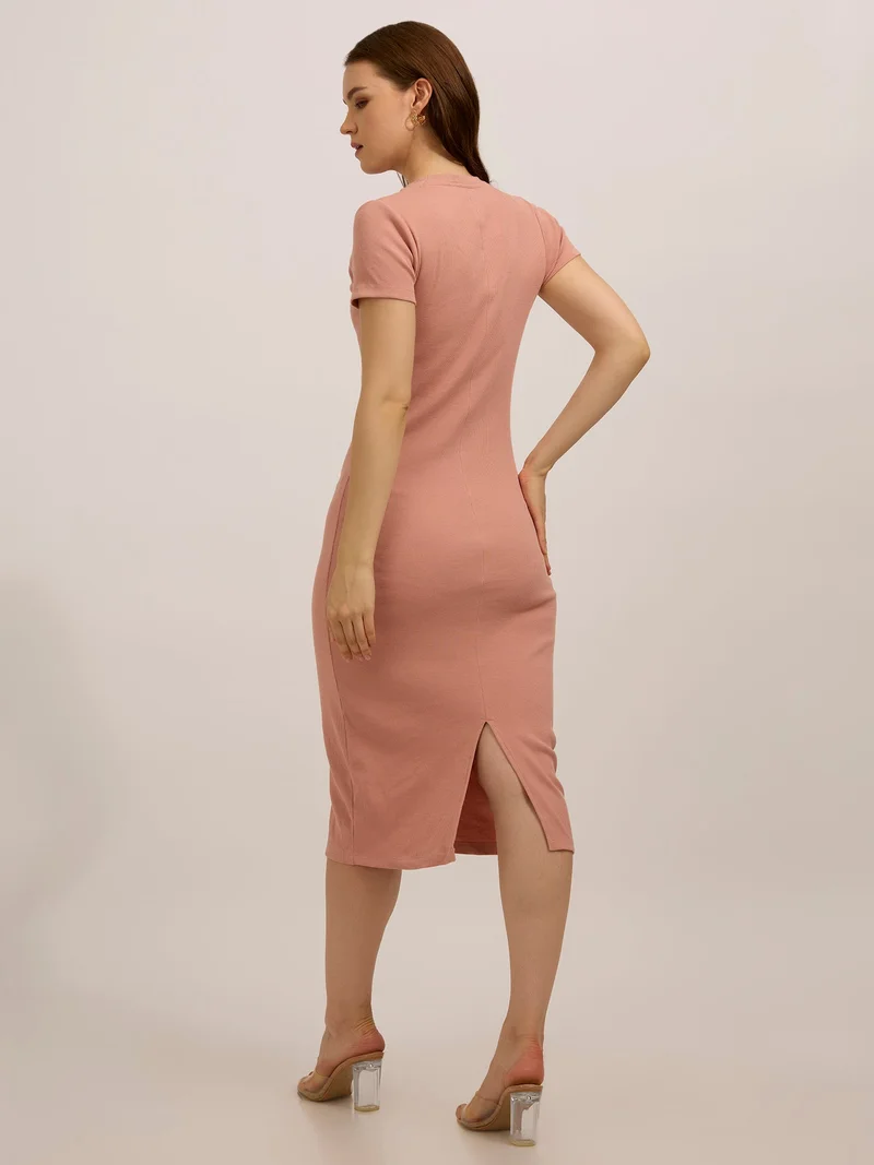 OUTZIDR Peach Crew Neck Bodycon T-Shirt Dress